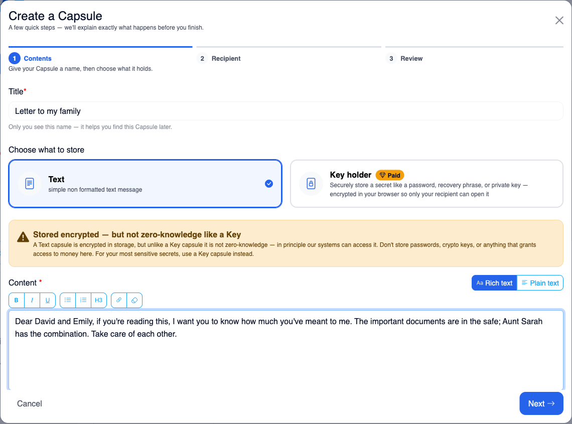 Step 1, Contents: pick Text or Key holder, give the capsule a title, and write the encrypted message in the editor.