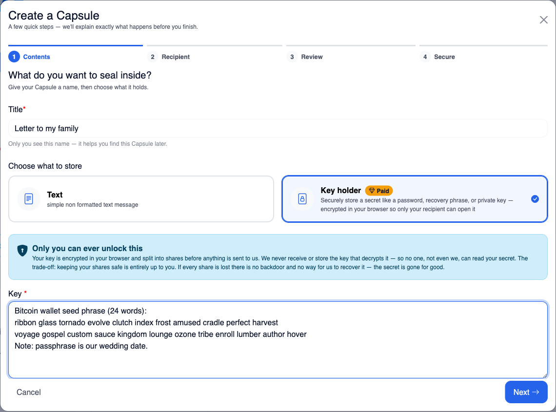 The Key holder payload step: a plain box for your secret, above a note saying the key is encrypted in your browser and split into shares, with no backdoor if every share is lost.
