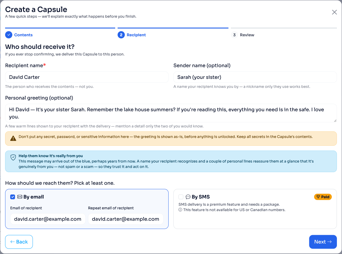 Step 2, Recipient: recipient name and an optional sender name on one row, a personal greeting field with a warning not to include secrets, and email and SMS delivery shown side by side.