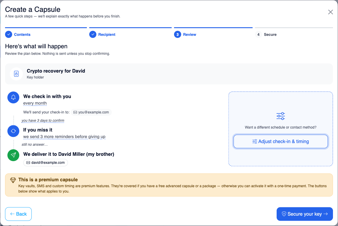Step 3, Review: a plain-language timeline of the check-in, reminders, and delivery, with an Adjust check-in and timing button.